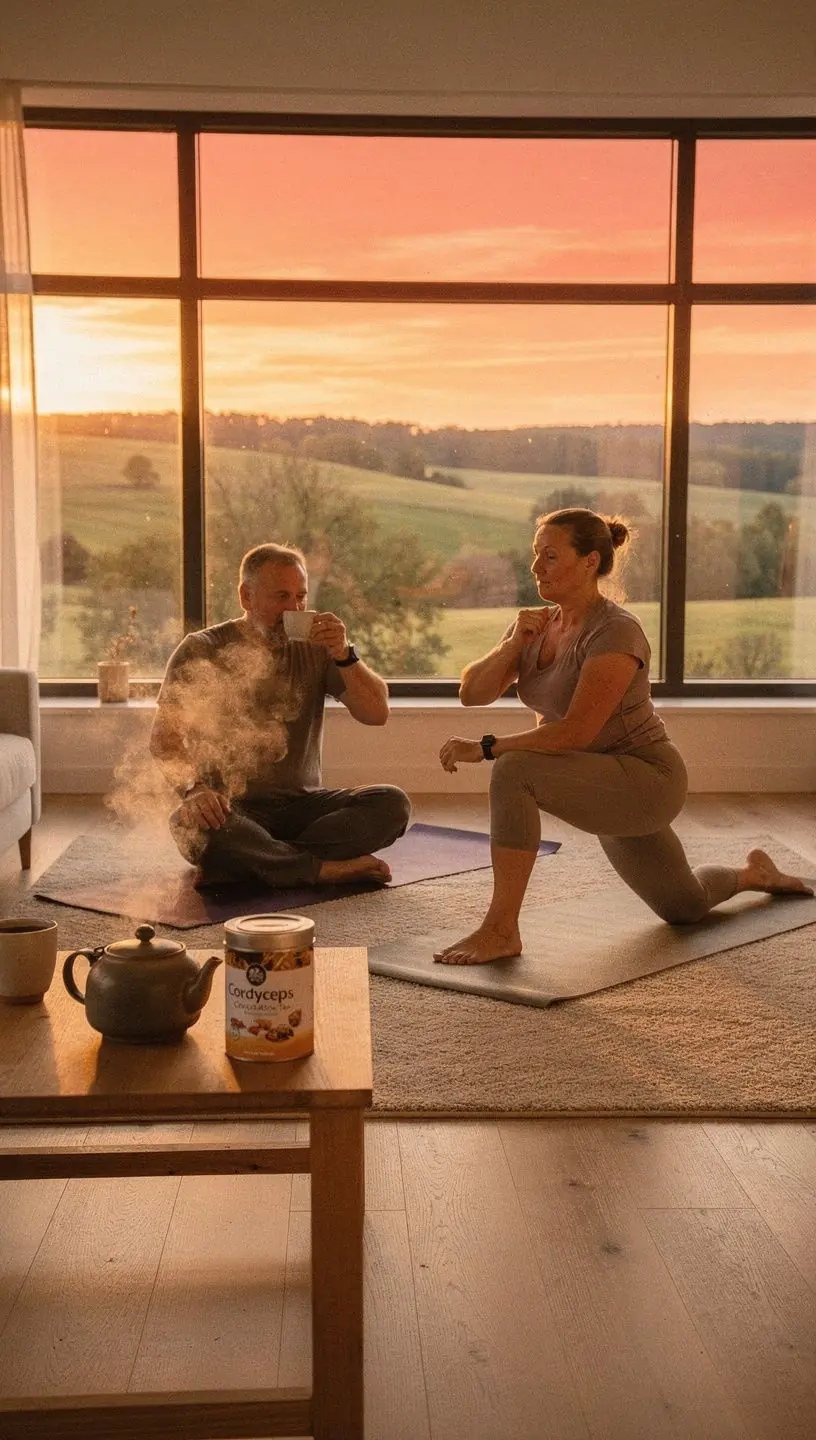 Draugiškas sportininkas geria Cordyceps arbatą po treniruotės, rodantis energiją.