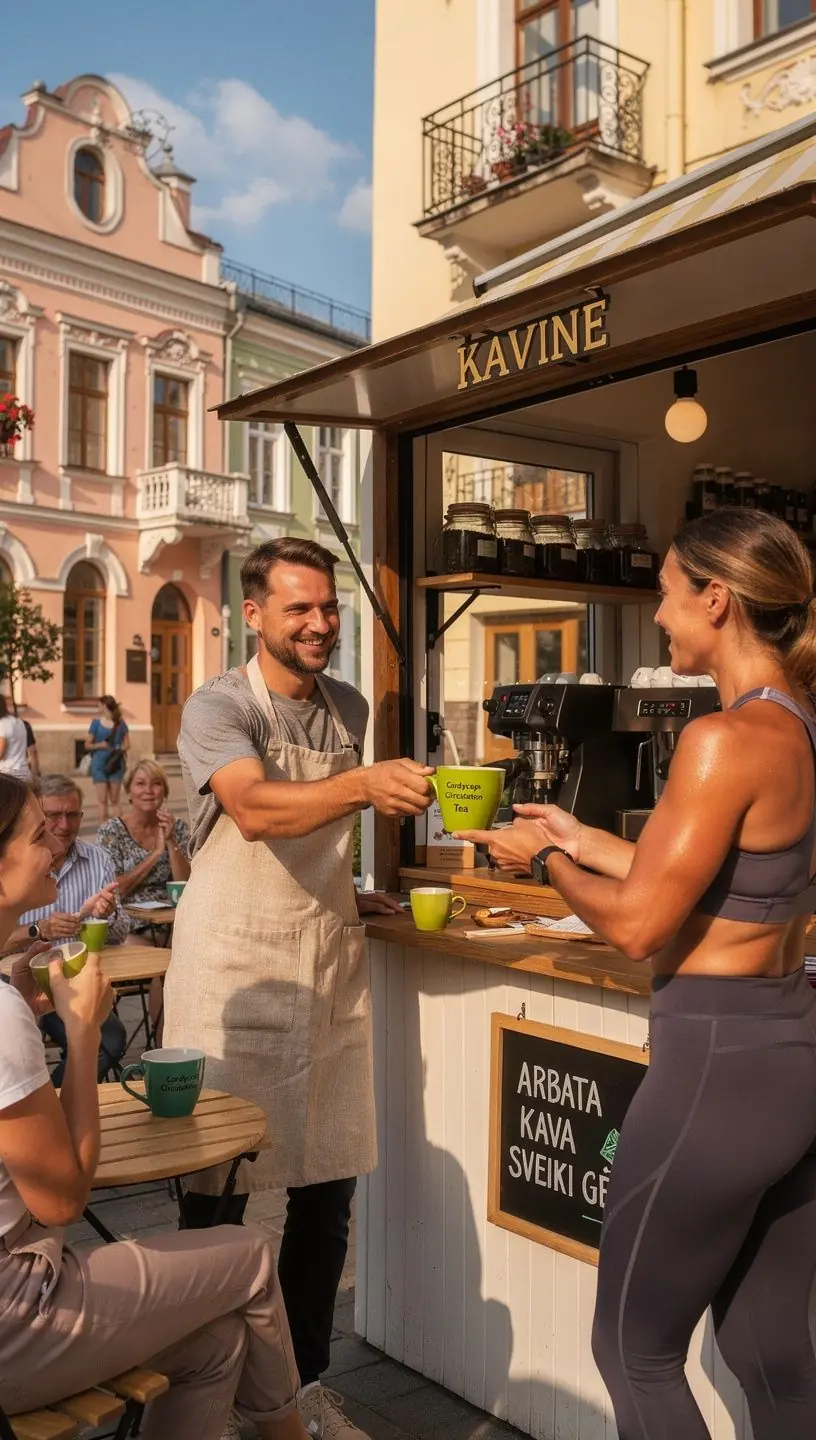 Cordyceps grybų arbata su energijos stimuliavimu, išdėstyta ant medinio stalo.