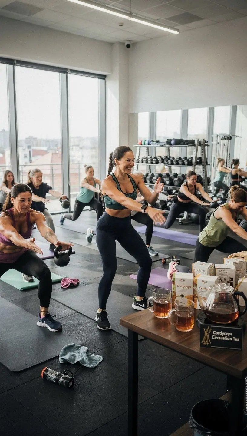 Kordicepsų arbata puodelyje su šviežiais ingredientais.