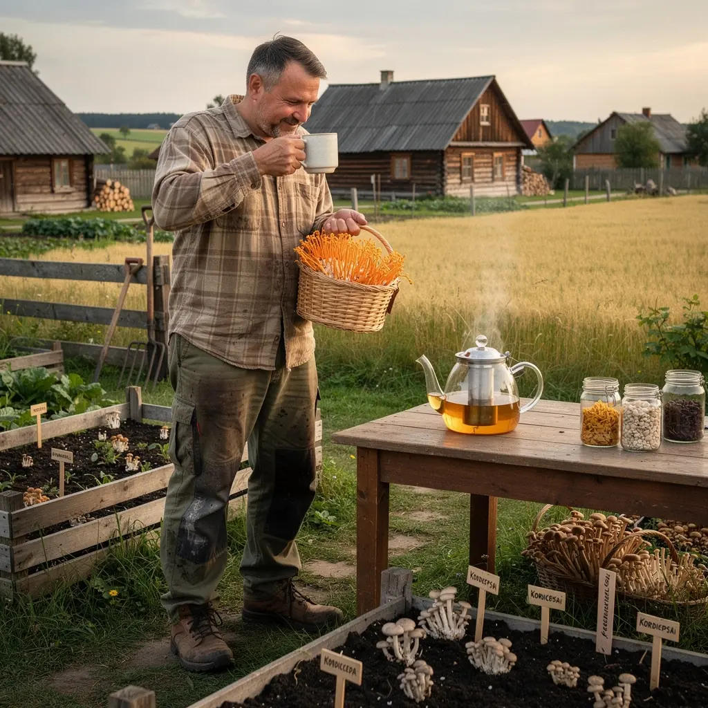 Sportininkų širdies palaikymo formulė, vaizduojanti ingredientus šalia puodelio arbatos.