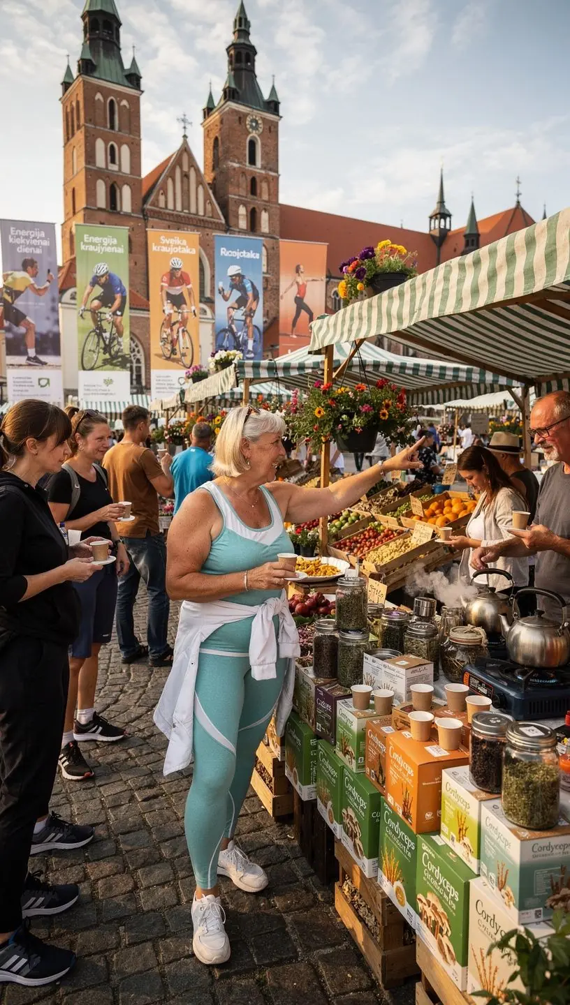 Grybų ekstraktas puodelyje, simbolizuojantis sveikatingumą ir energiją.