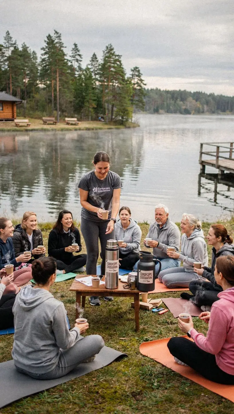 Sportininkas, mėgaujantis Cordyceps arbata po treniruotės, atgaivinantis jėgas.