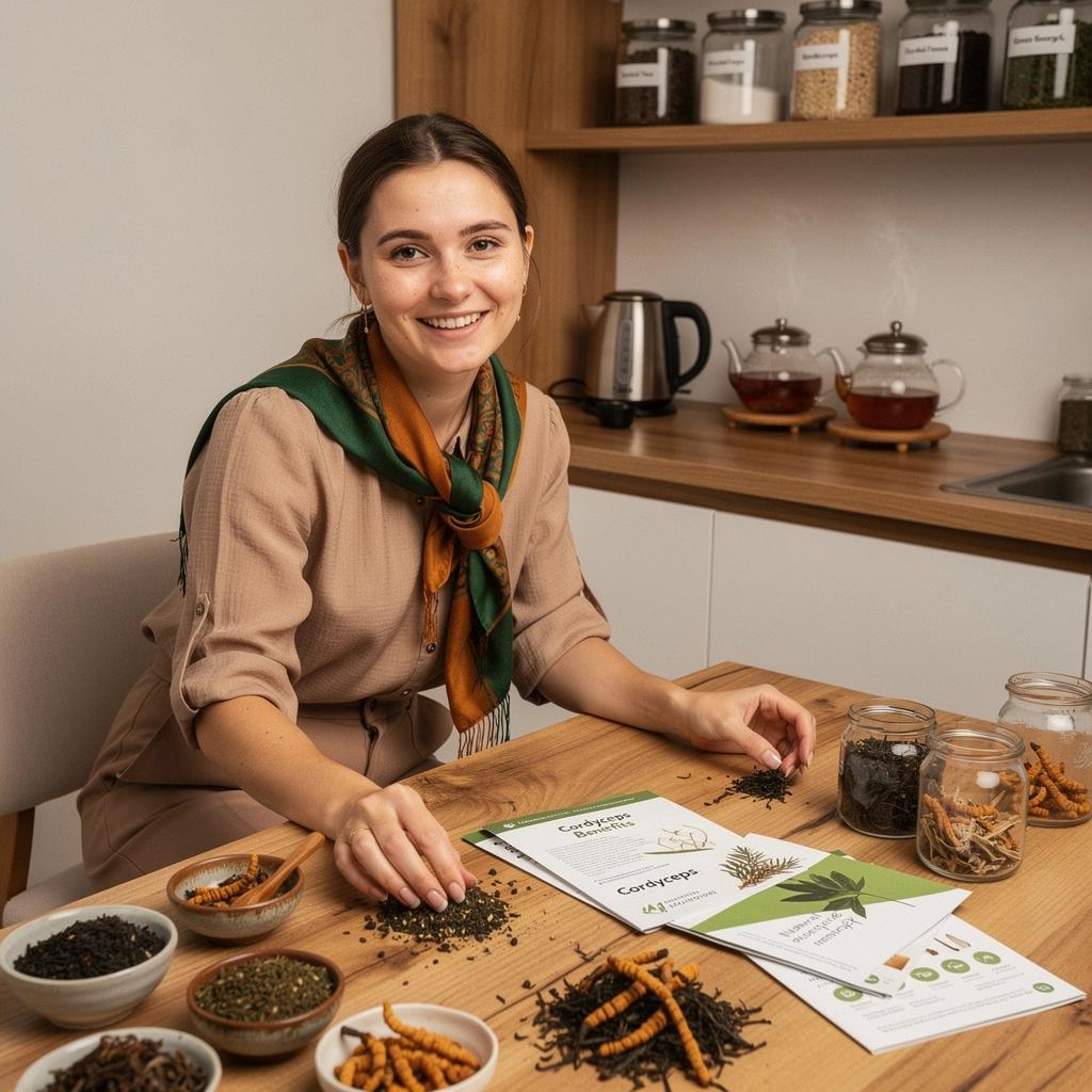 Sveikatos ir energijos simboliai aplink kordicepsų arbatos pakelį.