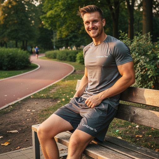 Sportininkas, geriantis kordicepsų arbatą po treniruotės, atkuria jėgas.